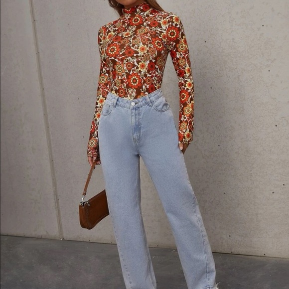 Boho  floral print stand neck bodysuit - Picture 5 of 5